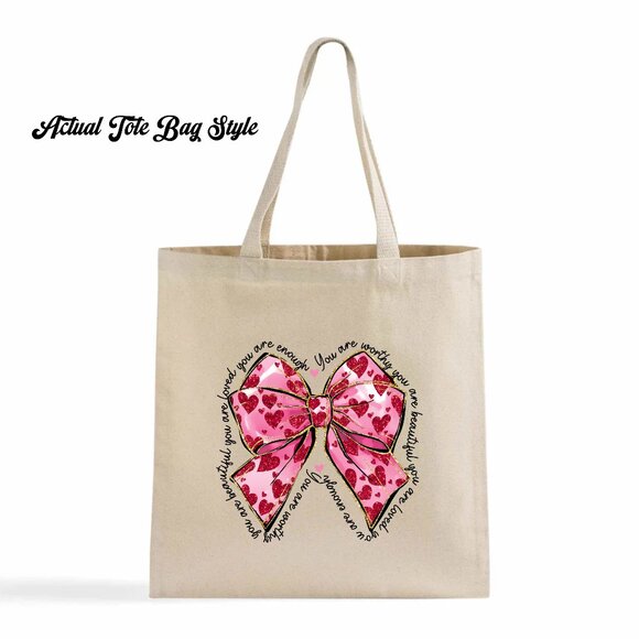 Women's Pink Red Gold Glitter Coquette Bow DTF Words of Affirmation Tote Bag - Picture 2 of 3